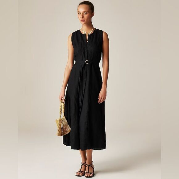 NWT J CREW Seamed linen dress with removable belt in black - Picture 2 of 8